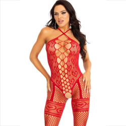 Leg Avenue - Bodystocking Cou Licol Coeurs Rouges Rouge